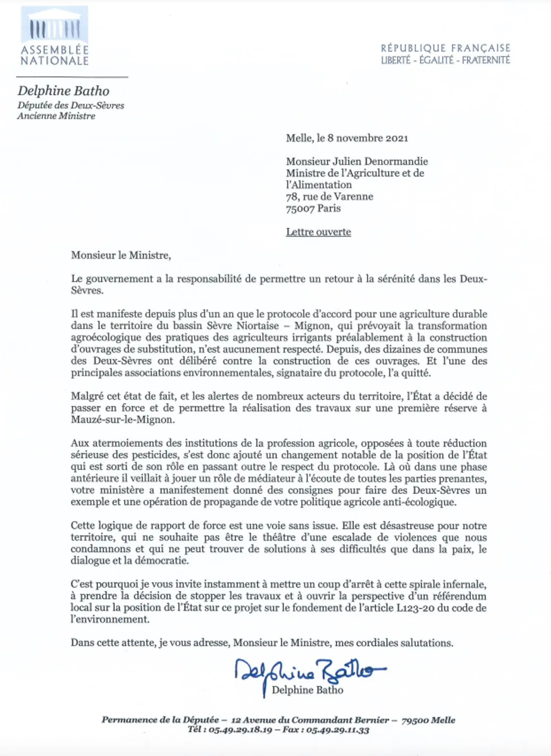 La lettre de la députée Delphine Batho au ministre de l'Agriculture.